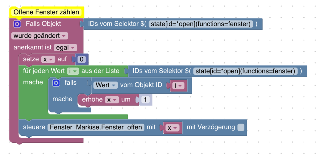 Mit einem einfachen Blockly-Script und einem eigenen Datenpunkt kannst du dir die Gesamtzahl geöffneter Fenster oder Türen anzeigen lassen.